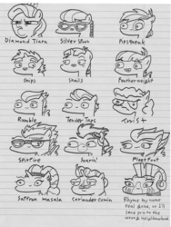 Size: 2452x3258 | Tagged: safe, artist:potatobug, coriander cumin, diamond tiara, featherweight, fleetfoot, pipsqueak, rumble, saffron masala, silver spoon, snails, snips, soarin', spitfire, tender taps, twist, zecora, earth pony, pegasus, pony, unicorn, zebra, g4, 3:, :>, :d, arin hanson face, clothes, ear piercing, earring, faic, freckles, frown, glare, high res, jewelry, lidded eyes, open mouth, piercing, rhyme, smiling, sunglasses, ugly, wavy mouth, wonderbolts uniform, wrong neighborhood