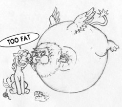 Size: 628x549 | Tagged: safe, artist:siegfriednox, edit, gilda, pinkie pie, griffon, pony, g4, belly, explicit source, female, immobile, impossibly large belly, inflation, mare, monochrome, sitting, spherical inflation, troll, trolling, yarn