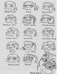 Size: 2485x3183 | Tagged: safe, artist:potatobug, amethyst star, berry punch, berryshine, bon bon, cloud kicker, daisy, derpy hooves, dj pon-3, flower wishes, lemon hearts, lily, lily valley, lyra heartstrings, minuette, octavia melody, roseluck, sparkler, sweetie drops, vinyl scratch, whoa nelly, wild fire, pegasus, pony, g4, bon bon is not amused, crying, derp, drunk, faic, female, flower trio, headphones, high res, irrational exuberance, lined paper, looking at each other, looking at you, mare, monochrome, nightmare fuel, sibsy, smiling, special eyes, traditional art, unamused