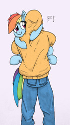 Size: 1024x1820 | Tagged: safe, artist:riggyrag, color edit, edit, rainbow dash, oc, oc:anon, human, pony, g4, colored, cute, dashabetes, food, hug, human on pony snuggling, male, rock soup, snuggling, soup, straight, traditional art, upsies