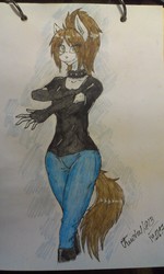 Size: 1552x2592 | Tagged: safe, artist:twotail813, oc, oc only, oc:sunny way, earth pony, anthro, unguligrade anthro, rcf community, collar, female, long gloves, solo, traditional art
