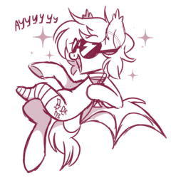 Size: 3000x3125 | Tagged: safe, artist:hawthornss, oc, oc only, oc:paper stars, bat pony, pony, amputee, bandage, cute little fangs, drink, fangs, fonzie, food, high res, monochrome, solo, sunglasses, text