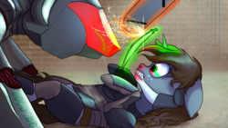 Size: 2870x1614 | Tagged: safe, artist:aaronmk, oc, oc only, oc:littlepip, oc:murky, pony, unicorn, fallout equestria, bladewolf, chainsaw, clothes, crossover, fanfic, fanfic art, female, glowing horn, horn, jumpsuit, levitation, magic, mare, metal gear, metal gear rising, pipbuck, raiden, solo, sword, telekinesis, vault suit, weapon