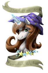 Size: 1192x1800 | Tagged: safe, artist:monnarcha, oc, oc only, pony, unicorn, accessory swap, banner, bust, female, mare, portrait, simple background, solo, the great and powerful, transparent background, trixie's hat