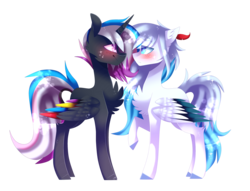 Size: 2929x2241 | Tagged: safe, artist:huirou, oc, oc only, alicorn, pegasus, pony, blushing, colored wings, female, high res, looking at each other, male, mare, multicolored wings, simple background, stallion, transparent background