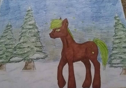 Size: 682x477 | Tagged: safe, artist:depresyjnyolowek, oc, oc only, pony, bubble, full background, male, random pony, sky, snow, solo, spruce tree, stallion, traditional art, tree