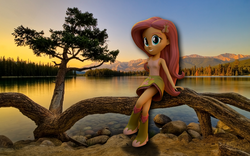 Size: 2560x1600 | Tagged: safe, artist:efk-san, fluttershy, equestria girls, g4, 3d, boots, breasts, clothes, crossed legs, female, forest, high heel boots, lake, mountain, polka dot socks, rock, skirt, socks, solo, sunset, tank top, tree