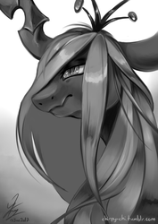 Size: 841x1190 | Tagged: safe, artist:chirpy-chi, queen chrysalis, changeling, changeling queen, g4, bust, female, grayscale, monochrome, portrait, simple background, sketch, slit pupils, smiling, solo