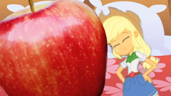 Size: 1366x768 | Tagged: safe, artist:jakewhyman, applejack, oc, oc:appul, equestria girls, g4, alternate universe, apple, bed, cute, eqg promo pose set, equestria girls: the parody series, eyes closed, food, happy, jackabetes, sleeping, that pony sure does love apples, who's a silly human