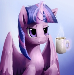 Size: 2082x2115 | Tagged: safe, artist:camyllea, twilight sparkle, alicorn, pony, g4, coffee, cup, female, glowing horn, gradient background, grumpy, high res, horn, lidded eyes, magic, morning ponies, simple background, solo, twilight sparkle (alicorn), unamused