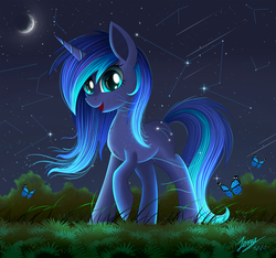 Size: 2000x1875 | Tagged: safe, artist:duskie-06, oc, oc only, oc:stellarium, butterfly, pony, unicorn, constellation, crescent moon, female, grass, looking at you, mare, moon, night, open mouth, raised hoof, smiling, solo, starry night, stars