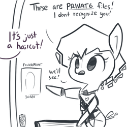 Size: 1080x1080 | Tagged: safe, artist:tjpones, oc, oc only, pony, robot, ai pony, artificial intelligence, battery, comic, computer, dialogue, fingerprint scanner, grayscale, guard, monochrome, offscreen character, simple background, solo, suspicious, white background