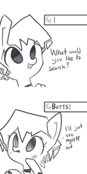 Size: 1080x2160 | Tagged: safe, artist:tjpones, oc, oc only, pony, robot, ai pony, artificial intelligence, blushing, butts, comic, dialogue, grayscale, monochrome, search engine, simple background, solo, white background