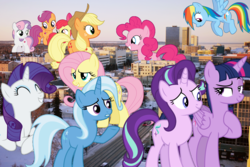 Size: 3872x2592 | Tagged: safe, artist:logan859, apple bloom, applejack, fluttershy, pinkie pie, rainbow dash, rarity, scootaloo, starlight glimmer, sweetie belle, trixie, twilight sparkle, alicorn, pony, g4, alaska, anchorage, counterparts, cutie mark crusaders, giant pony, high res, irl, macro, magical trio, mane six, photo, ponies in real life, twilight sparkle (alicorn), twilight's counterparts