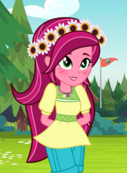Size: 1988x2696 | Tagged: artist needed, safe, gloriosa daisy, equestria girls, g4, my little pony equestria girls: legend of everfree, blushing, clothes, cute, daisybetes, female, freckles, hands behind back, magical geodes, shorts, solo