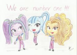 Size: 3318x2368 | Tagged: safe, artist:brianchoobrony-artie, adagio dazzle, aria blaze, sonata dusk, equestria girls, g4, chibi, high res, lazytown, robbie rotten, the dazzlings, traditional art, we are number one