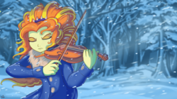Size: 1920x1080 | Tagged: safe, artist:jowyb, adagio dazzle, equestria girls, g4, clothes, coat, commission, eyes closed, female, musical instrument, serious, serious face, snow, snowfall, solo, tree, violin, winter