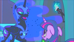Size: 1920x1080 | Tagged: safe, edit, edited screencap, screencap, nightmare moon, spike, twilight sparkle, alicorn, pony, g4, the cutie re-mark, alternate timeline, eyeshadow, fangs, filter, floppy ears, folded wings, makeup, nightmare takeover timeline, slit pupils, torch, twilight sparkle (alicorn), wings