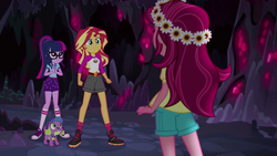 Size: 1280x720 | Tagged: safe, screencap, gloriosa daisy, sci-twi, spike, spike the regular dog, sunset shimmer, twilight sparkle, dog, equestria girls, g4, my little pony equestria girls: legend of everfree, cave, clothes, converse, glasses, glori-ass, rear view, shoes, shorts, sneakers