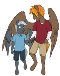 Size: 690x877 | Tagged: safe, artist:askbubblelee, oc, oc only, oc:cinderplume, oc:singe, oc:slate gray, pegasus, anthro, unguligrade anthro, anthro oc, brothers, clothes, duo male, large wings, male, open mouth, shirt, shorts, siblings, simple background, smiling, spread wings, wings