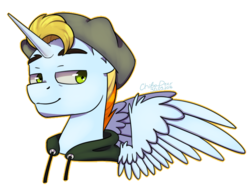 Size: 746x555 | Tagged: safe, artist:chibadeer, oc, oc only, oc:professor dickinson, alicorn, pony, alicorn oc, beret, clothes, hat, hoodie, male, simple background, solo, stallion, transparent background