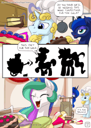 Size: 955x1351 | Tagged: safe, artist:mysticalpha, princess celestia, princess luna, oc, alicorn, pony, unicorn, comic:day in the lives of the royal sisters, g4, alicorn metabolism, animated, baker, cake, cakelestia, cart, comic, crown, dialogue, eating, eyes closed, facial hair, female, food, gif, glowing horn, goatee, horn, horseshoes, jewelry, kitchen, lidded eyes, magic, male, mare, nom, peytral, regalia, royal sisters, silhouette, speech bubble, stallion, stuffing, this will end in weight gain, trio