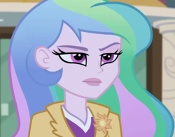 Size: 1155x909 | Tagged: safe, screencap, princess celestia, principal celestia, equestria girls, g4, my little pony equestria girls: friendship games, celestia is not amused, cropped, female, solo, unamused