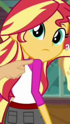 Size: 410x720 | Tagged: safe, edit, edited screencap, screencap, sunset shimmer, equestria girls, g4, my little pony equestria girls: legend of everfree, boop, boop edit, confused, cropped, frown, looking at you, looking back, poking, question mark