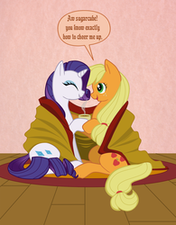 Size: 1200x1538 | Tagged: safe, artist:rarijack-countrycouture, applejack, rarity, g4, blanket, cider, dialogue, female, lesbian, ship:rarijack, shipping