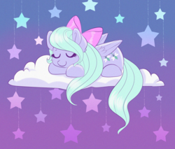 Size: 1411x1200 | Tagged: safe, artist:confetticakez, flitter, pegasus, pony, g4, bow, cloud, cute, eyes closed, female, flitterbetes, folded wings, hair bow, lying down, mare, on a cloud, prone, sleeping, sleeping on a cloud, smiling, solo, stars, wings