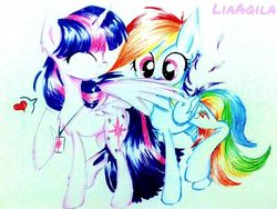 Size: 640x480 | Tagged: safe, artist:liaaqila, rainbow dash, twilight sparkle, alicorn, pegasus, pony, g4, commission, cute, dashabetes, female, heart, lesbian, looking at each other, preening, ship:twidash, shipping, smiling, traditional art, twiabetes, twilight sparkle (alicorn), wings