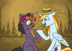 Size: 1400x1000 | Tagged: safe, artist:chibadeer, oc, oc only, oc:professor dickinson, pegasus, pony, unicorn, carrot eating, female, floral head wreath, flower, hat, male, mare, russian, stallion