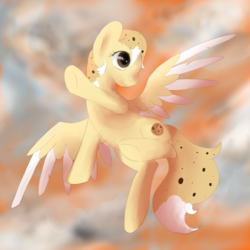 Size: 3000x3000 | Tagged: safe, artist:hirundoarvensis, oc, oc only, oc:chocolate chip, food pony, original species, female, flying, food, high res, mare, solo