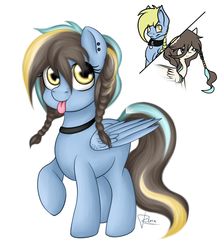 Size: 1600x1800 | Tagged: safe, artist:puggie, oc, oc only, oc:nocona, oc:windswept skies, pegasus, pony, braid, charm, collar, crack shipping, drawing meme, ear piercing, foal, offspring, parents:oc x oc, piercing, shipping, simple background, tongue out, white background