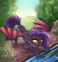 Size: 835x889 | Tagged: safe, artist:imanika, oc, oc only, oc:dawn sentry, bat pony, pony, bat wings, commission, female, mare, outdoors, river, slit pupils, solo, spread wings, water, watermark, wings, ych result, yellow eyes