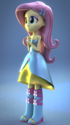 Size: 1080x1920 | Tagged: safe, artist:efk-san, fluttershy, equestria girls, g4, 3d, blender, boots, clothes, cute, dress, fall formal outfits, female, high heel boots, sleeveless, solo, strapless