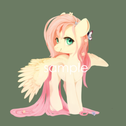 Size: 1500x1500 | Tagged: safe, artist:haidiannotes, fluttershy, butterfly, pegasus, pony, g4, colored pupils, female, flower, flower in hair, green background, looking at you, mare, simple background, solo, spread wings, watermark, wings