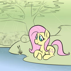 Size: 600x600 | Tagged: safe, artist:glimglam, fluttershy, pony, g4, cute, female, lake, lying down, partial color, prone, smiling, solo, tree, water