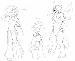 Size: 990x801 | Tagged: safe, artist:kamicheetah, dj pon-3, gilda, spike, vinyl scratch, dragon, griffon, unicorn, anthro, unguligrade anthro, g4, claws, midriff, monochrome, paws