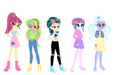 Size: 1234x765 | Tagged: dead source, safe, artist:animeponynintendo, indigo zap, lemon zest, sour sweet, sugarcoat, sunny flare, equestria girls, g4, belly button, boots, clothes, dress, goggles, high heel boots, high heels, midriff, pigtails, ponytail, shadow five, shoes, skirt, socks, thigh highs, twintails