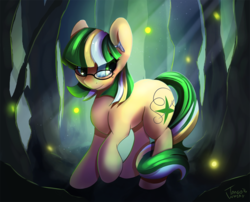 Size: 1252x1013 | Tagged: safe, artist:tangomangoes, oc, oc only, oc:star stitcher, earth pony, firefly (insect), pony, female, mare, solo, tree