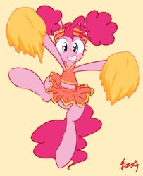 Size: 1659x2047 | Tagged: safe, artist:akainu_pony, pinkie pie, earth pony, pony, g4, belly button, bottomless, cheerleader, clothes, cute, diapinkes, featureless crotch, female, headband, midriff, moe, partial nudity, pigtails, pinktails pie, pleated skirt, pom pom, simple background, skirt, skirt lift, solo