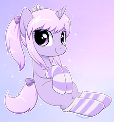 Size: 1597x1703 | Tagged: safe, artist:moozua, oc, oc only, oc:lullaby tiara, pony, unicorn, bow, clothes, jewelry, pastel, socks, solo, striped socks, tail bow, tiara