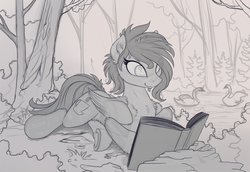 Size: 2150x1475 | Tagged: safe, artist:yakovlev-vad, oc, oc only, pegasus, pony, swan, book, commission, female, fluffy, forest, mare, monochrome, nature, patreon reward, prone, reading, scenery, sketch, smiling, solo, tree, underhoof