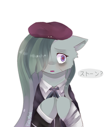 Size: 910x1050 | Tagged: safe, artist:kate-titan-mrak, marble pie, earth pony, pony, g4, beret, crossover, female, japanese, simple background, solo, white background