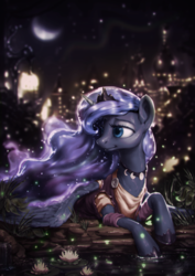 Size: 809x1141 | Tagged: safe, artist:assasinmonkey, edit, princess luna, alicorn, pony, g4, beautiful, canterlot, city, clothes, colored, crescent moon, dress, female, jewelry, mare, moon, necklace, night, pond, prone, scenery, solo, stars, water, waterlily