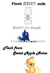 Size: 3656x5288 | Tagged: safe, applejack, daisy jo, princess luna, zecora, g4, absurd resolution, advertisement, milk, zebrow