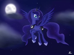 Size: 3264x2448 | Tagged: safe, artist:ollofkyser, princess luna, alicorn, pony, g4, female, flying, high res, moon, night, solo