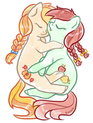 Size: 682x900 | Tagged: safe, artist:mcponyponypony, candy apples, peach melba, earth pony, pony, g4, apple family member, braid, cuddling, duo, eyes closed, simple background, sleeping, snuggling