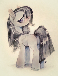 Size: 518x675 | Tagged: safe, artist:locksto, marble pie, earth pony, pony, g4, butt, cute, dock, female, frown, looking at you, looking back, looking back at you, marblebetes, plot, sad, sadorable, solo, standing, traditional art, watercolor painting